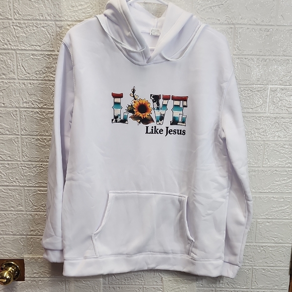 Tops - White Hoodie with Love Like Jesus Graphic